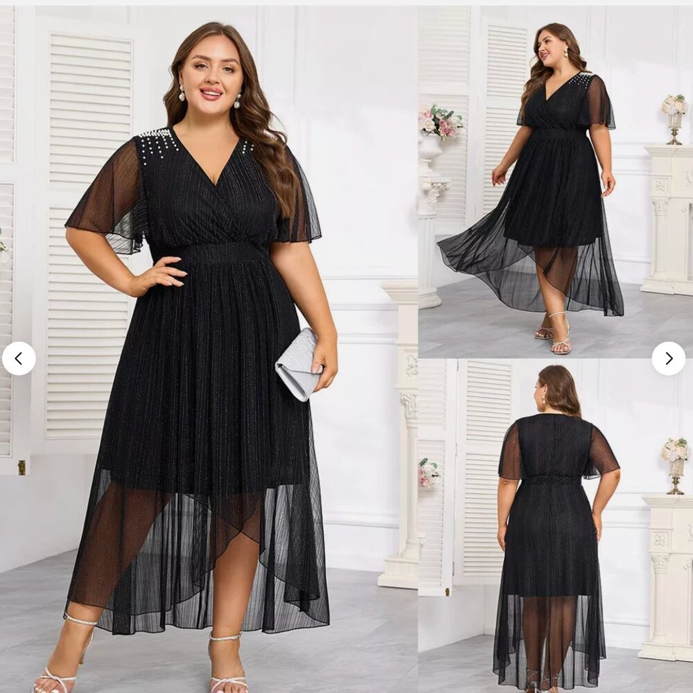 Elegant Plus Size Black Glitter Maxi Dress with Pearl Shoulder Detail – Size 5XL